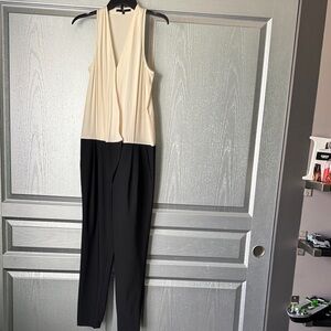 Tibi Two-Tone Sleeveless V-Neck Jumpsuit in Cream & Black